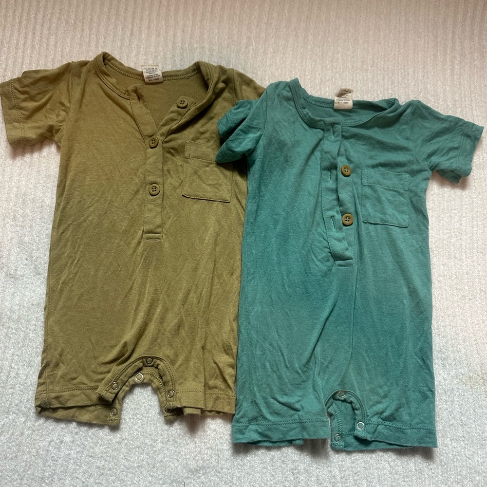 Two Baby Bamboo Rompers — Olive Green & Teal